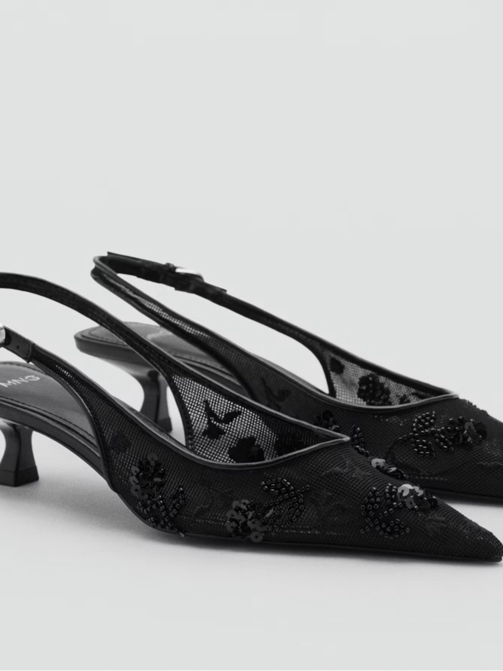 MANGO MESH KITTEN-HEEL SHOES WITH SEQUIN-EMBROIDERY